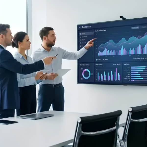 Calyza Tech team analyzing AI-powered business intelligence dashboard
