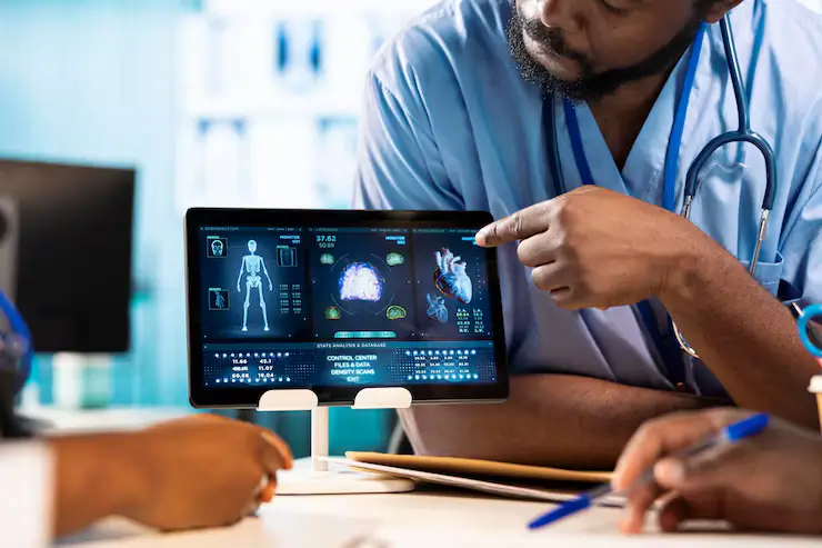 Doctor using AI-powered healthcare dashboard for patient diagnosis and clinical decision support